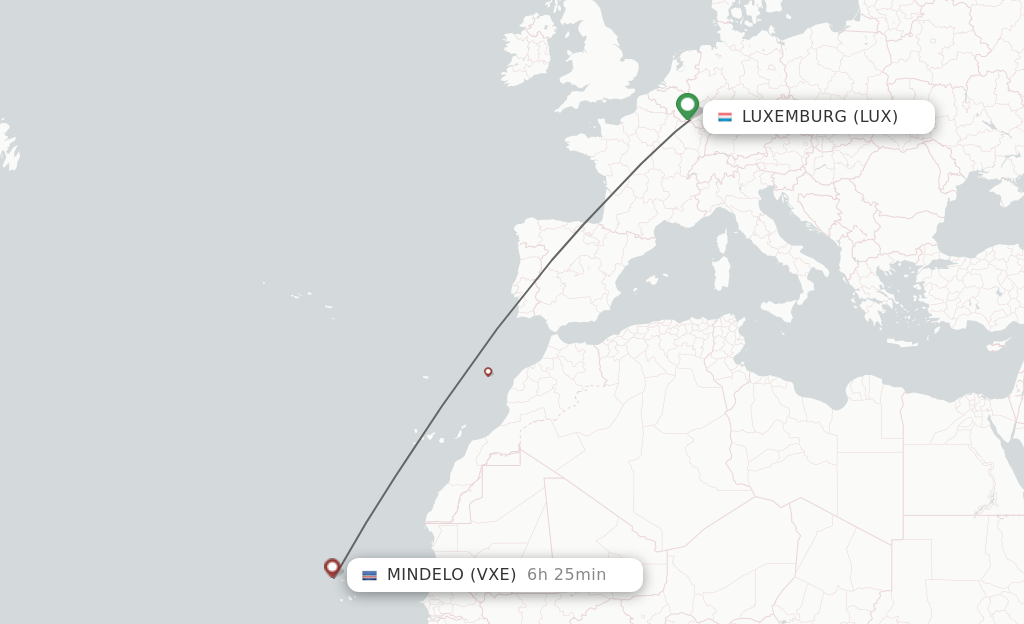 Flights from Luxembourg to Sao Vicente route map
