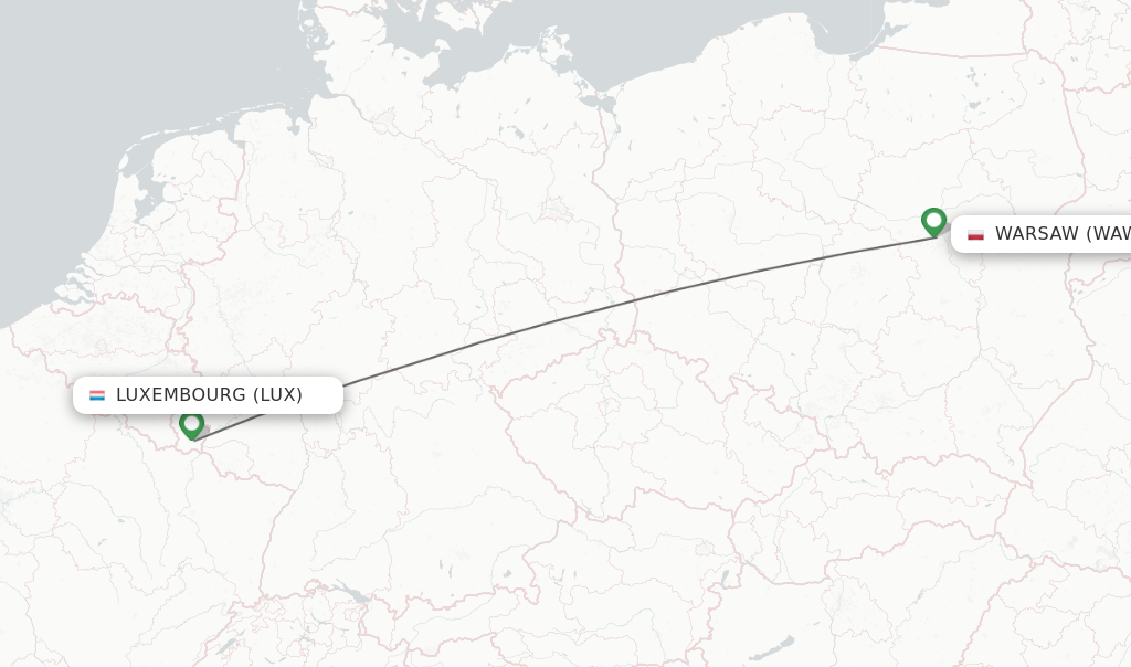 Flights from Luxembourg to Warsaw route map