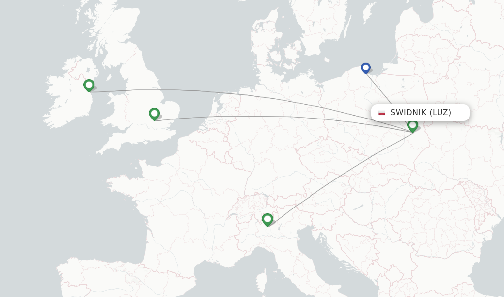 Route map with flights from Swidnik with Ryanair