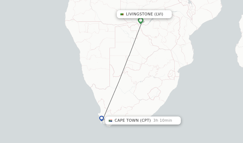 Flights from Livingstone to Cape Town route map