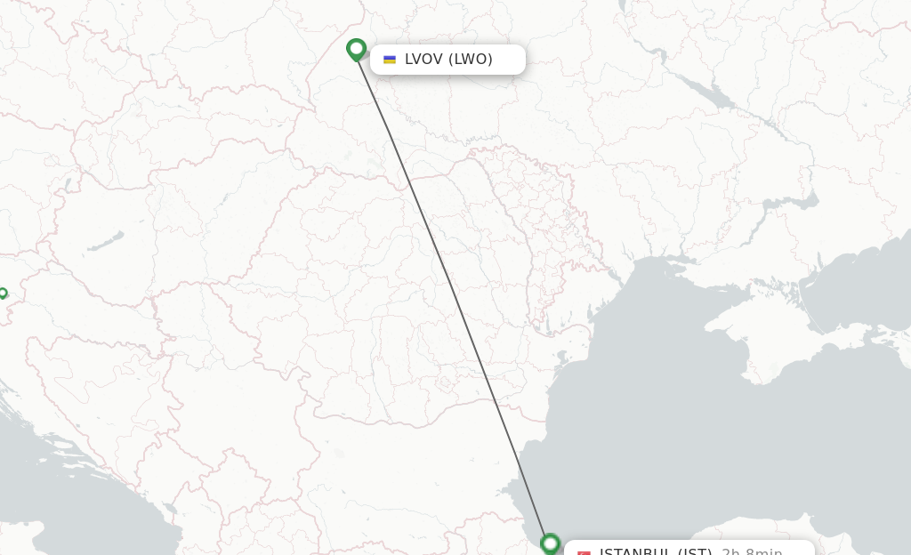 Flights from Lviv to Istanbul route map