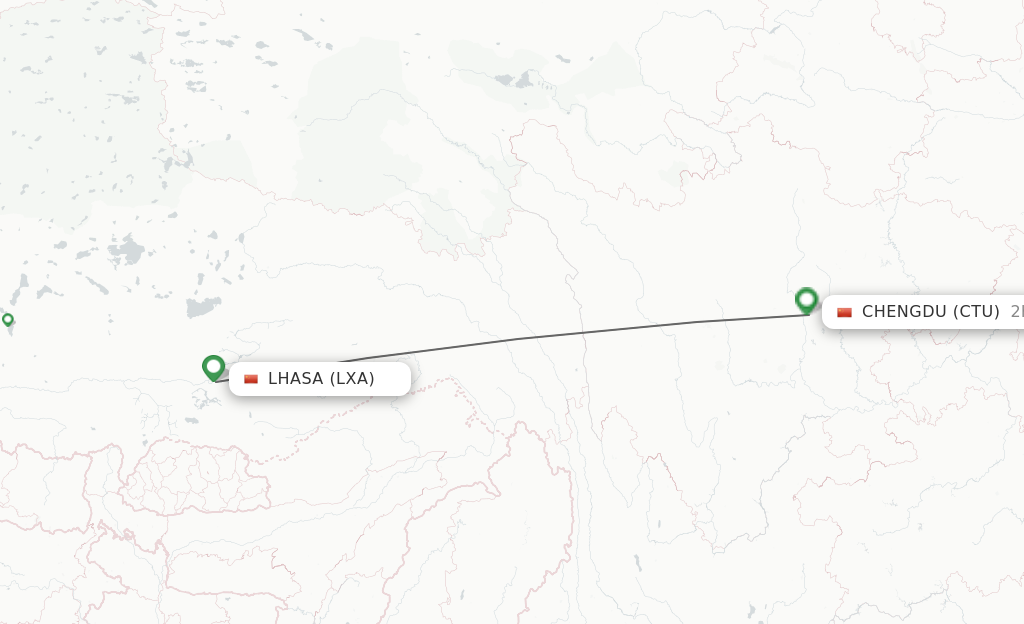 Flights from Lhasa/Lasa to Chengdu route map
