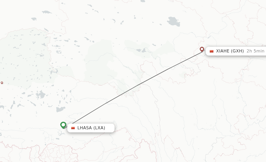 Flights from Lhasa/Lasa to Xiahe route map