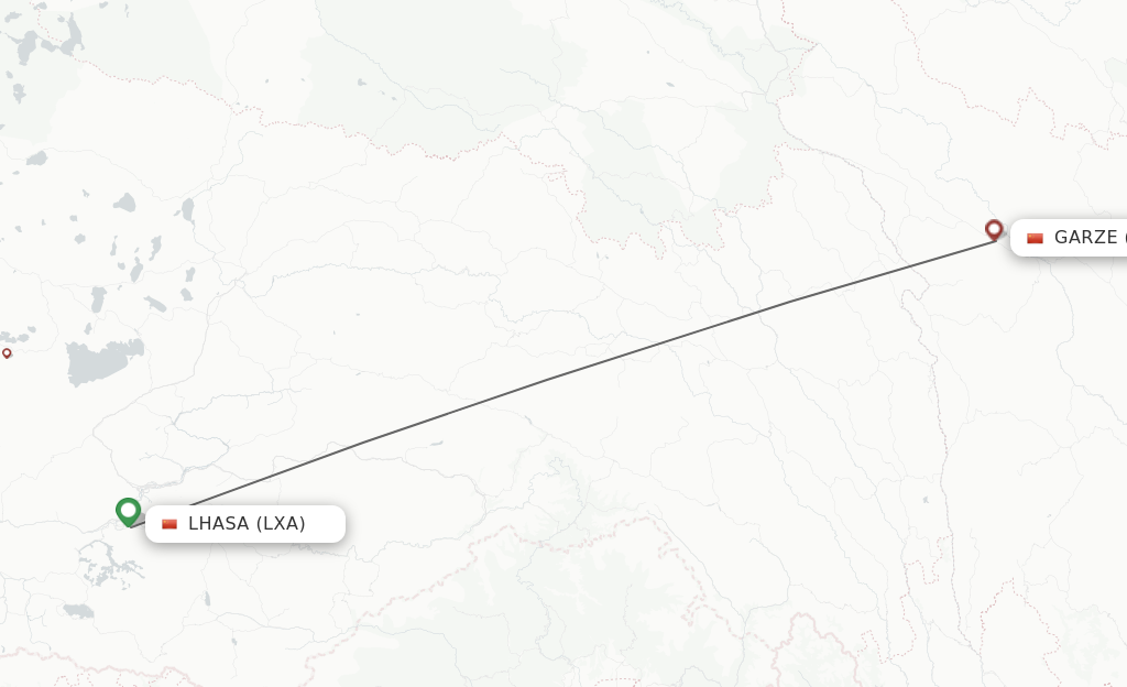 Flights from Lhasa/Lasa to Ganzi route map