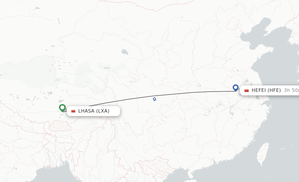 Flights from Lhasa/Lasa to Hefei route map