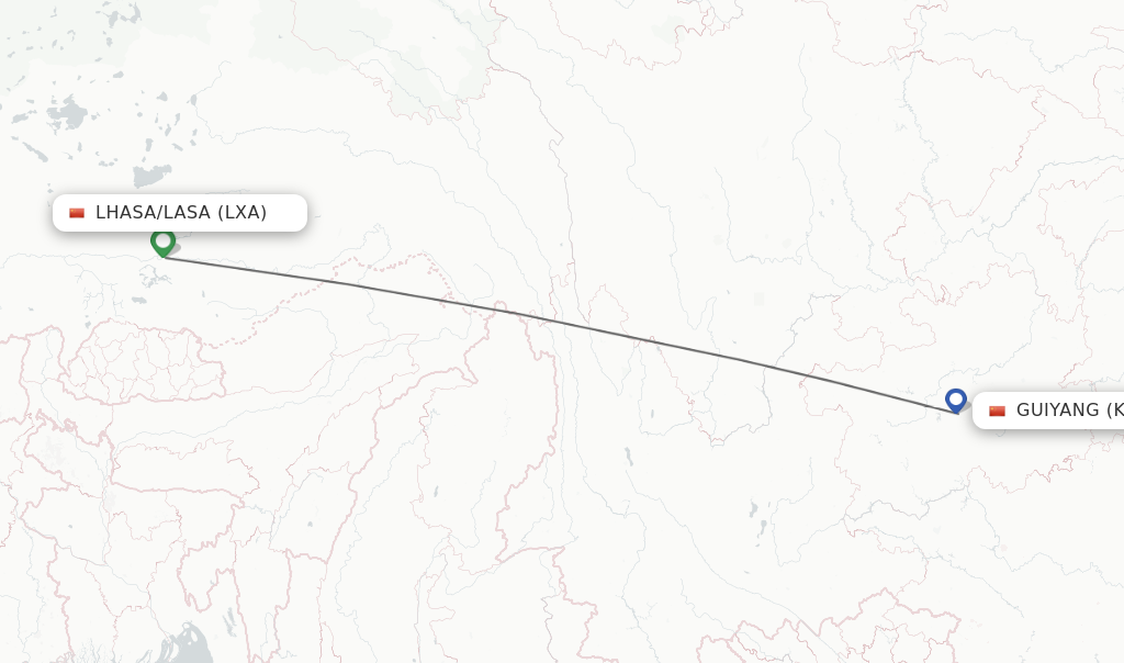 Flights from Lhasa/Lasa to Guiyang route map