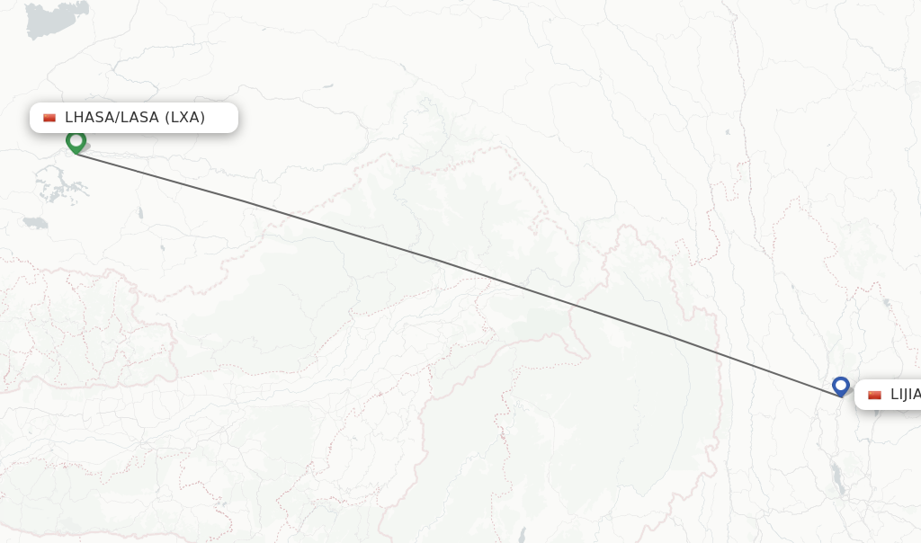 Flights from Lhasa/Lasa to Lijiang route map