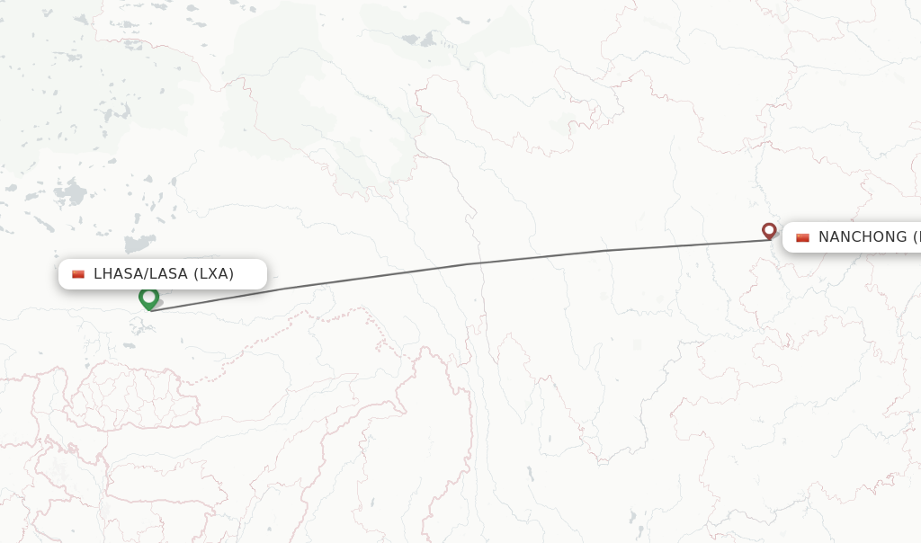 Flights from Lhasa/Lasa to Nanchong route map