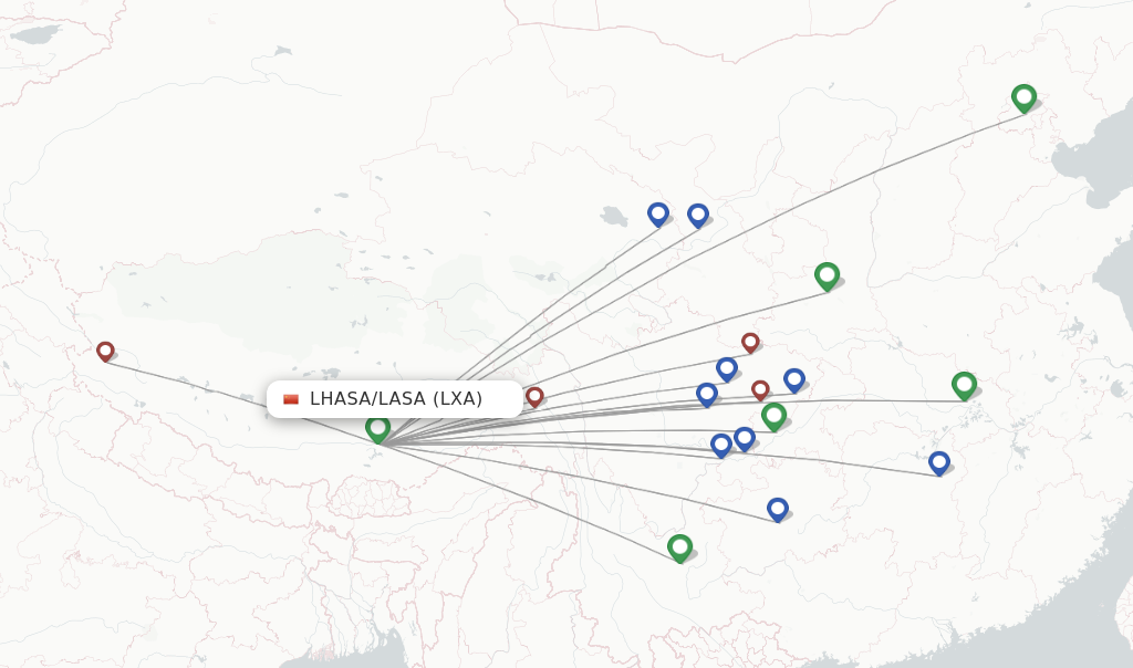 Route map with flights from Lhasa/Lasa with Tibet Airlines