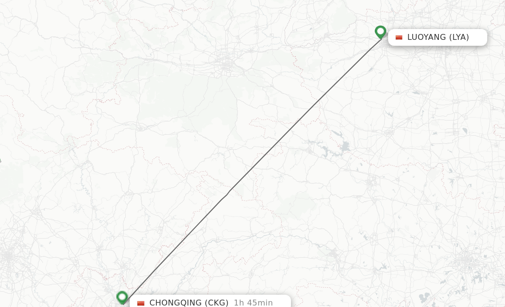 Flights from Luoyang to Chongqing route map