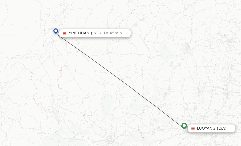 Flights from Luoyang to Yinchuan route map