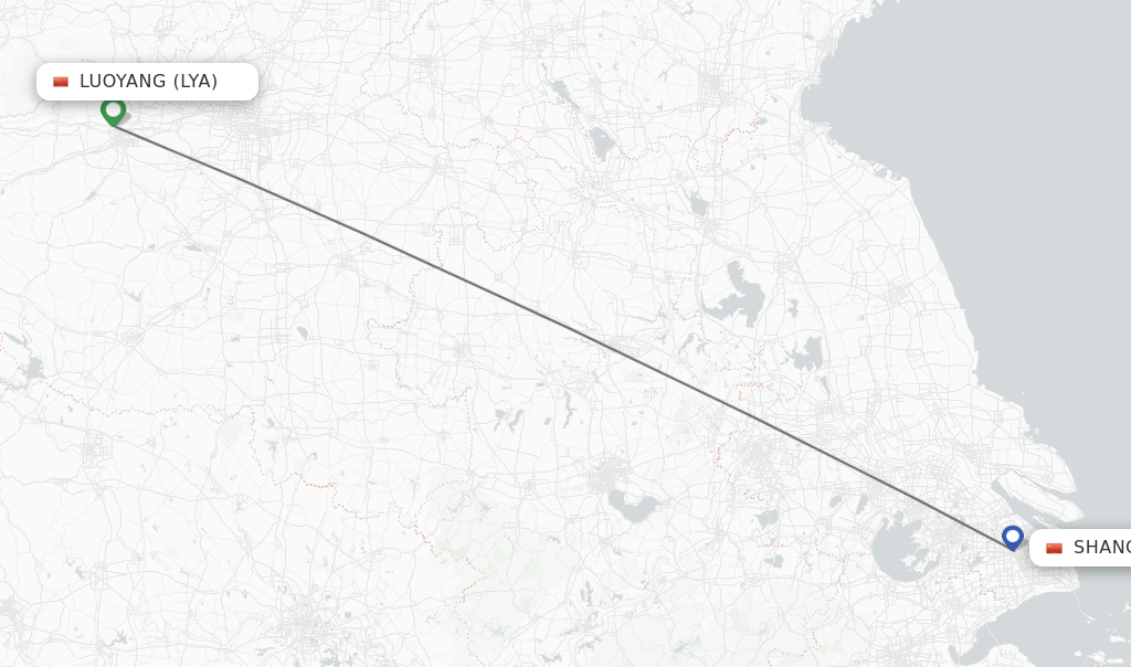 Flights from Luoyang to Shanghai route map