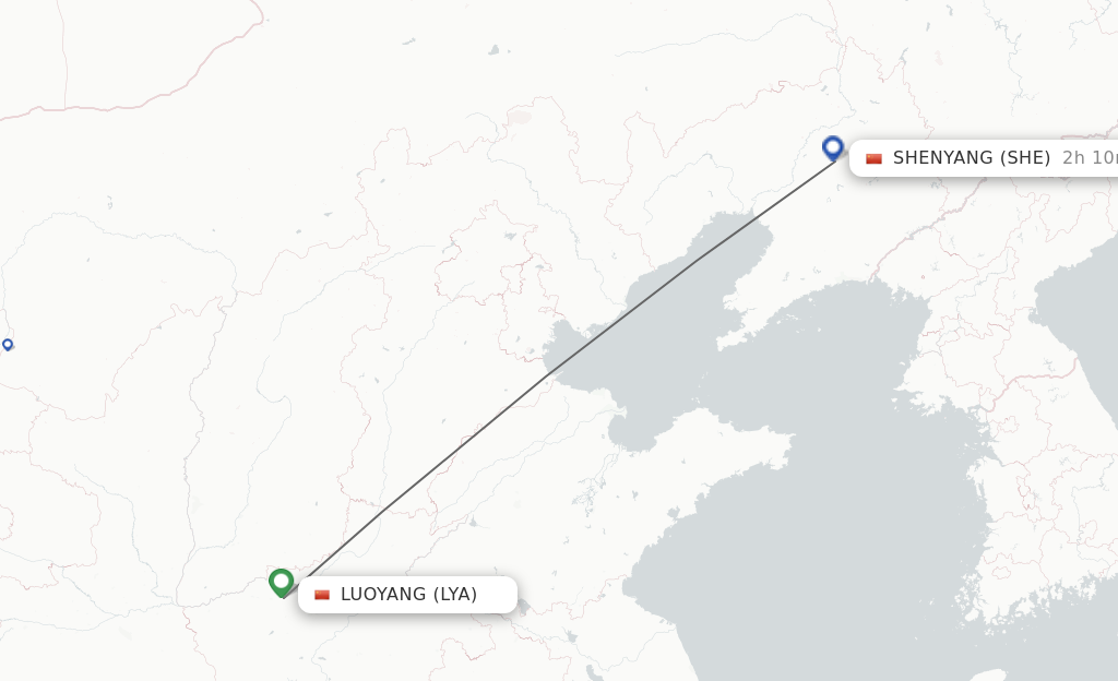 Flights from Luoyang to Shenyang route map