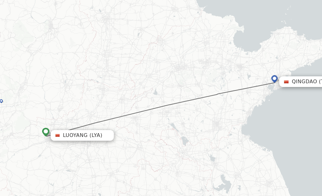 Flights from Luoyang to Qingdao route map