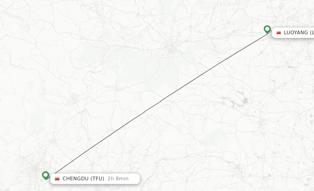 Flights from Luoyang to Chengdu route map