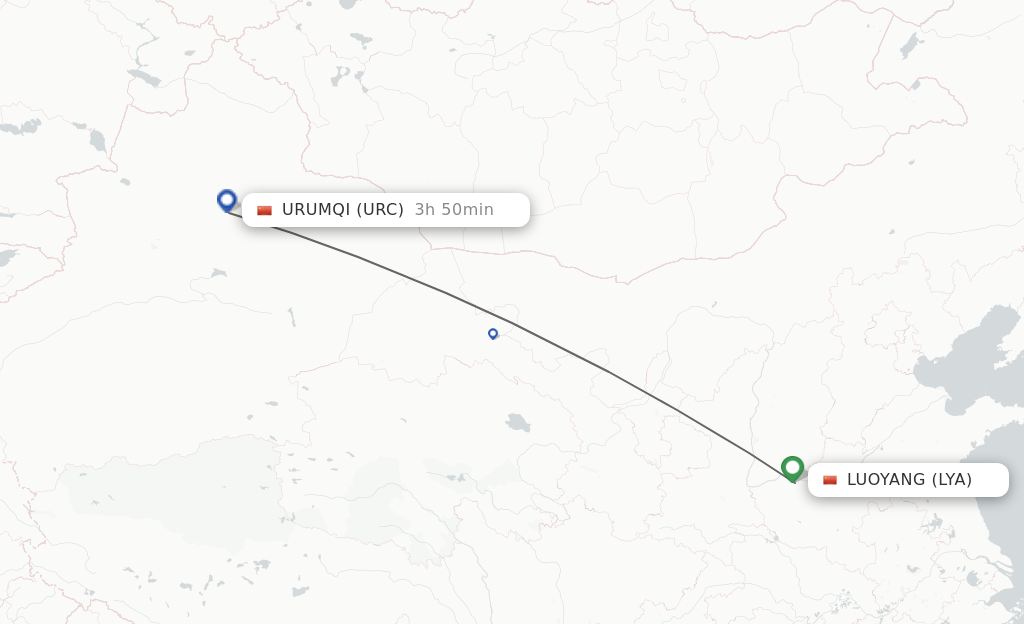 Flights from Luoyang to Urumqi route map