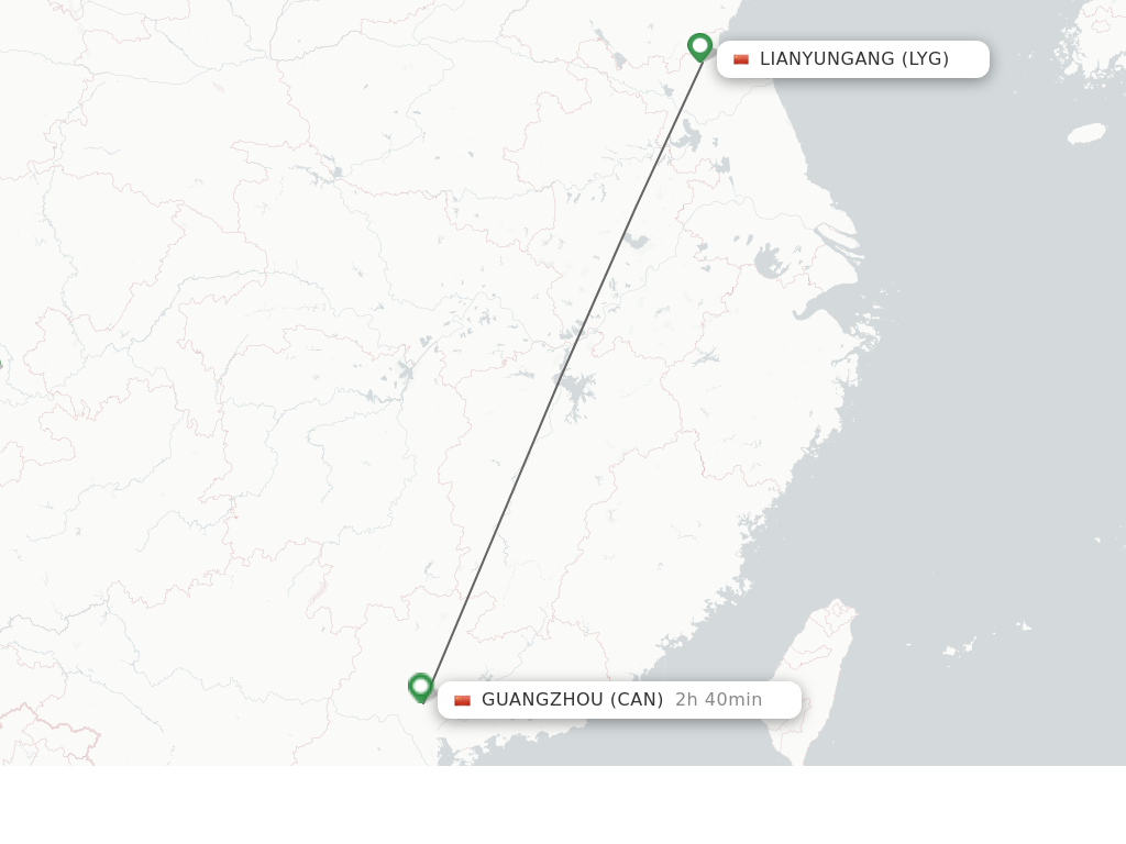 Flights from Lianyungang to Guangzhou route map