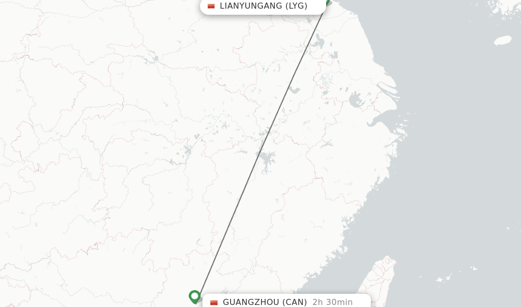 Flights from Lianyungang to Guangzhou route map