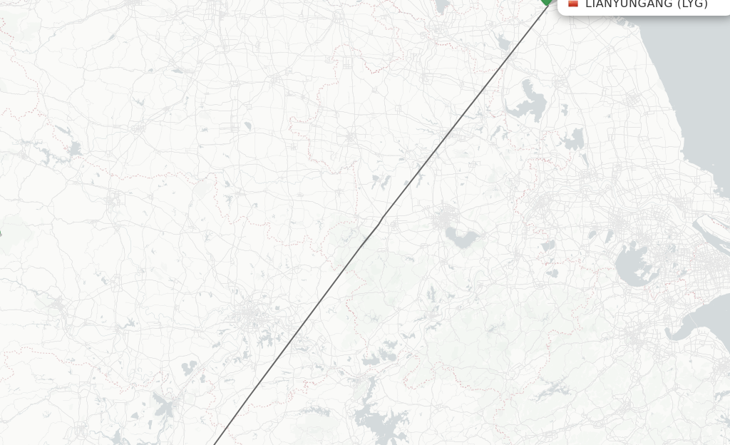 Flights from Lianyungang to Changsha route map