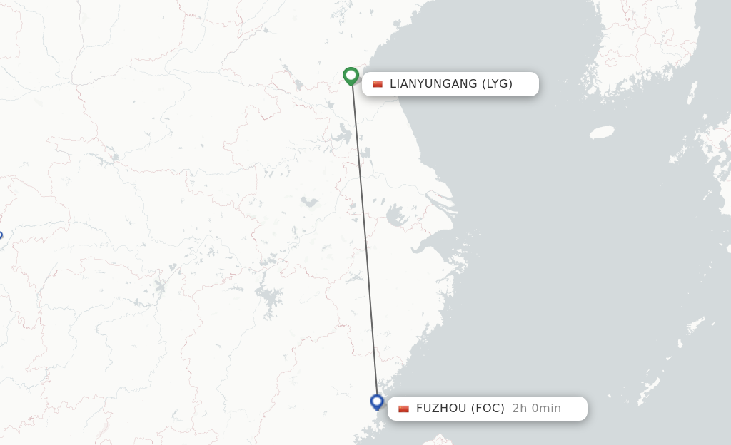 Flights from Lianyungang to Fuzhou route map
