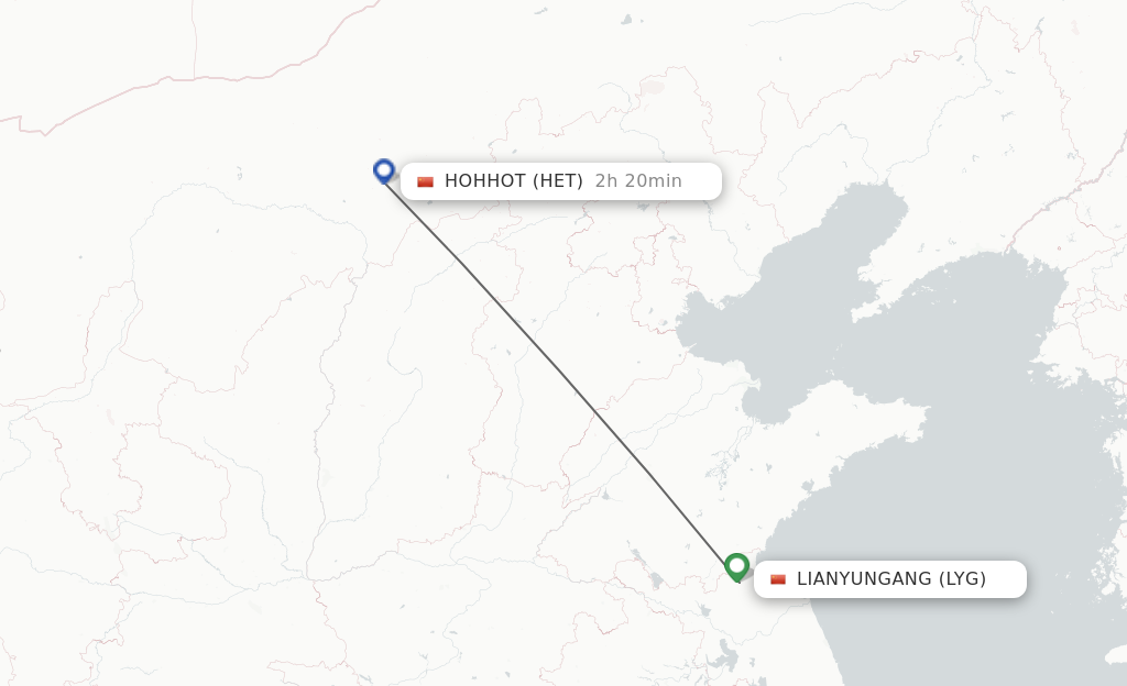 Flights from Lianyungang to Hohhot route map