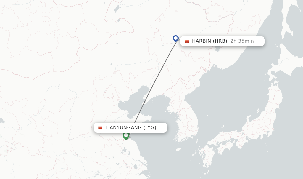Flights from Lianyungang to Harbin route map