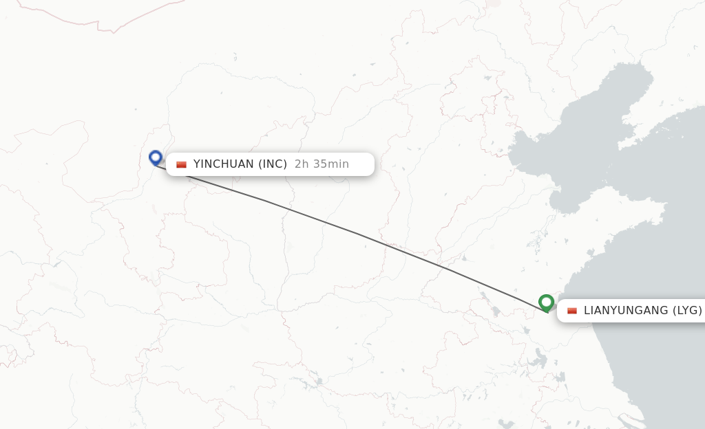 Flights from Lianyungang to Yinchuan route map