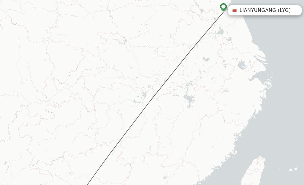 Flights from Lianyungang to Nanning route map