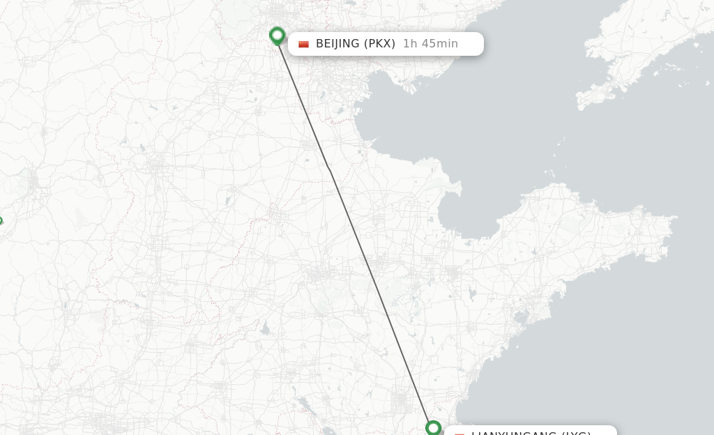 Flights from Lianyungang to Beijing route map