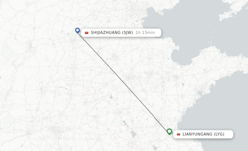 Flights from Lianyungang to Shijiazhuang route map
