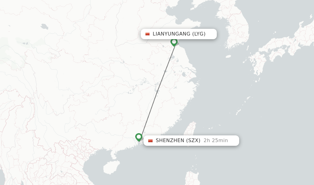Flights from Lianyungang to Shenzhen route map