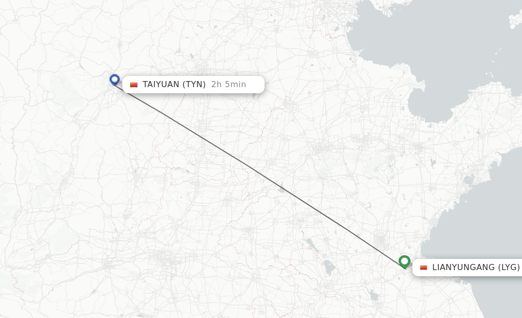 Flights from Lianyungang to Taiyuan route map