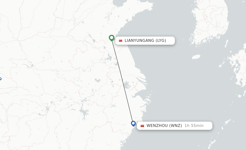 Flights from Lianyungang to Wenzhou route map