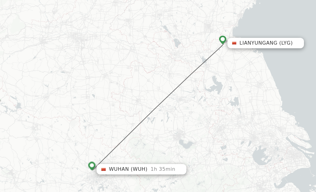 Flights from Lianyungang to Wuhan route map