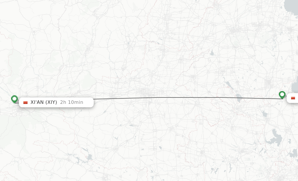 Flights from Lianyungang to Xian route map