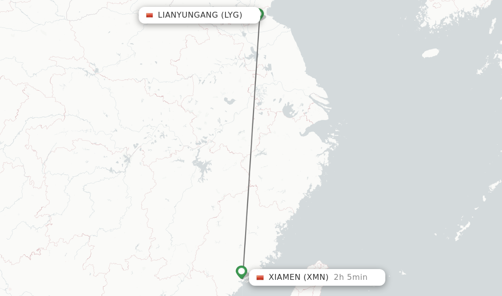 Flights from Lianyungang to Xiamen route map