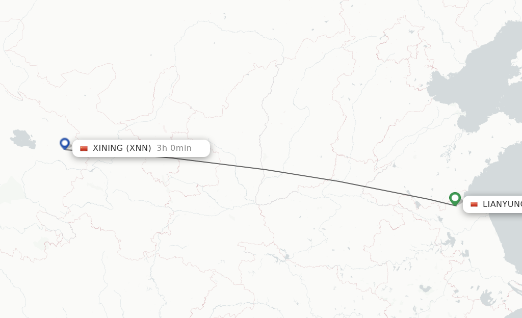 Flights from Lianyungang to Xining route map