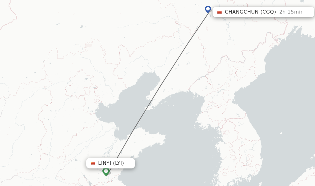Flights from Linyi to Changchun route map