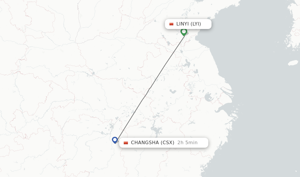 Flights from Linyi to Changsha route map