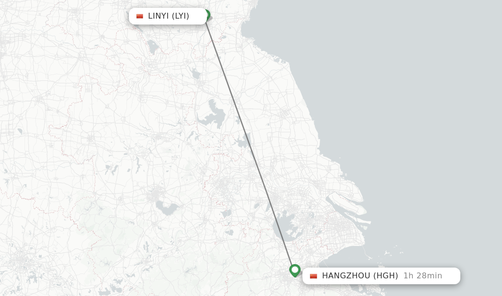 Flights from Linyi to Hangzhou route map