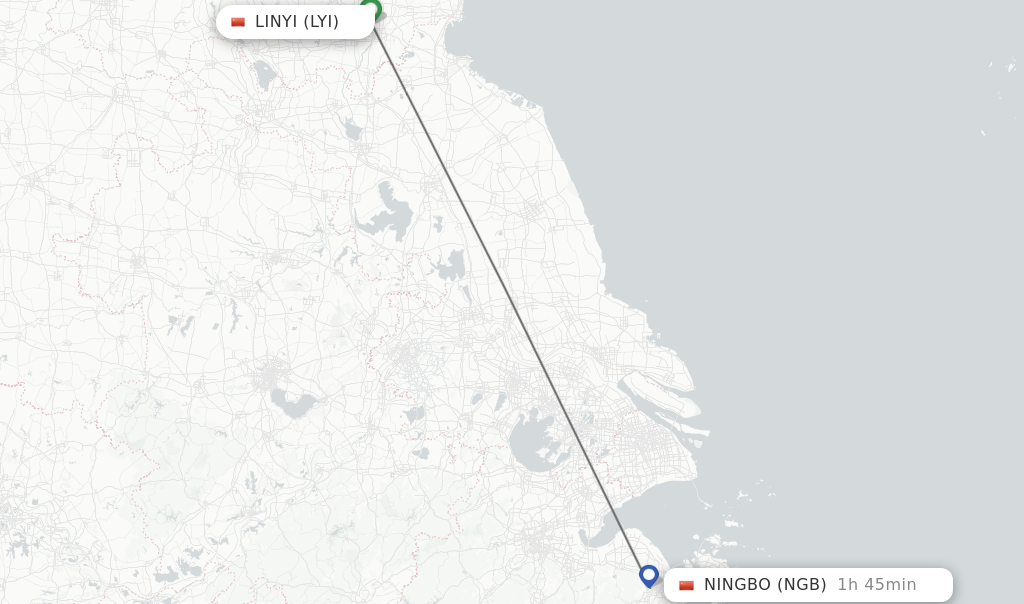 Flights from Linyi to Ningbo route map