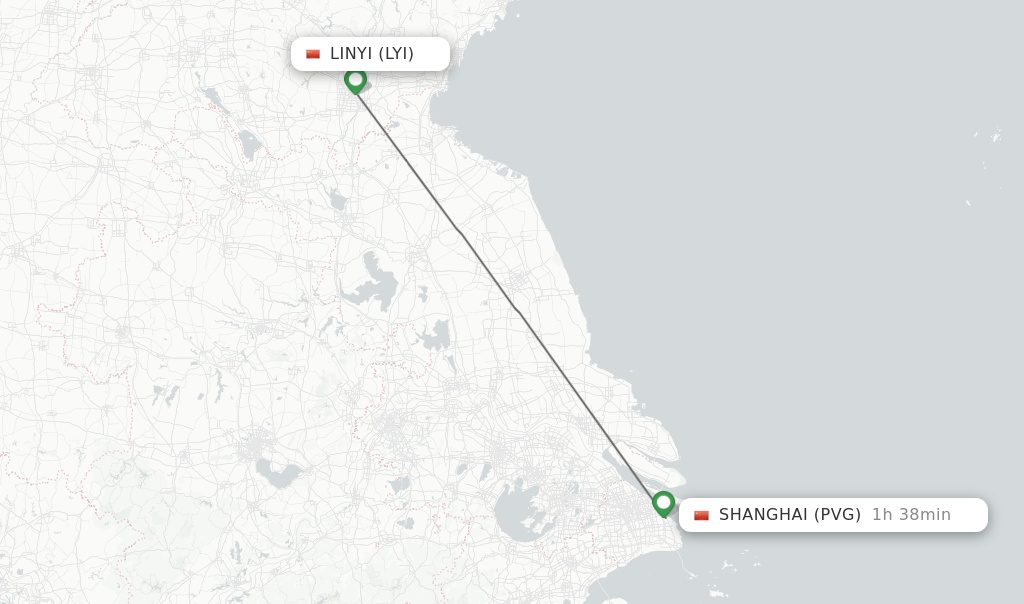 Flights from Linyi to Shanghai route map