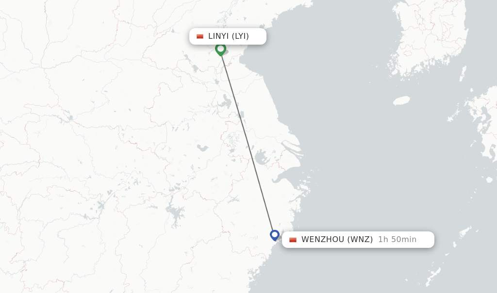 Flights from Linyi to Wenzhou route map
