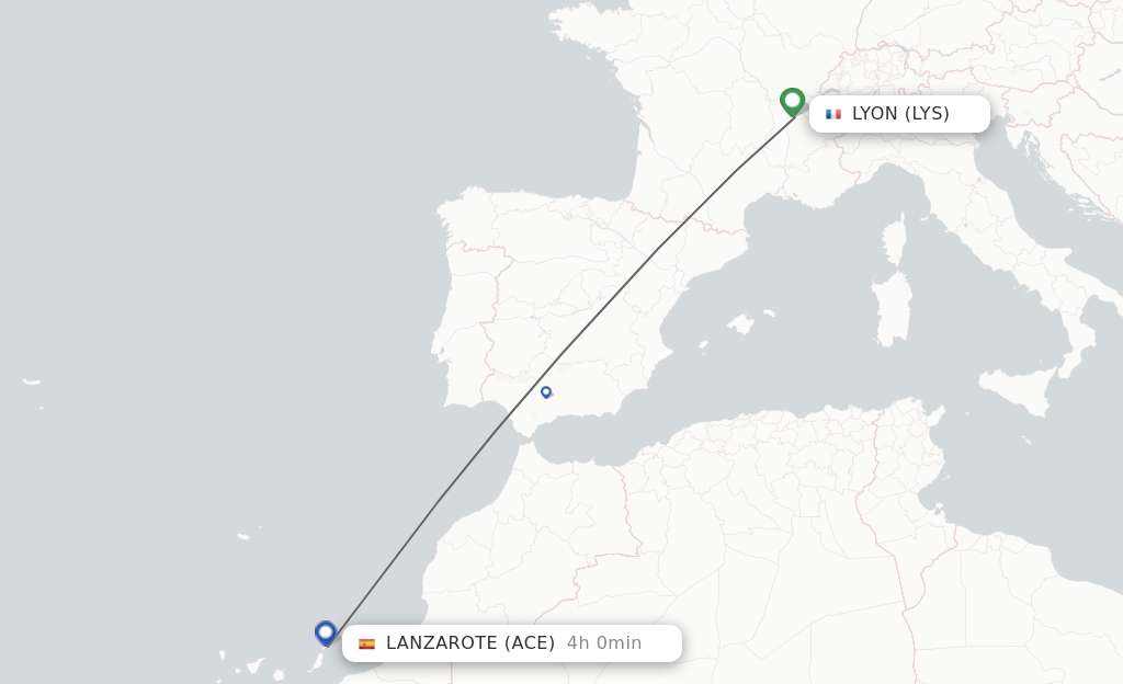 Flights from Lyon to Lanzarote route map