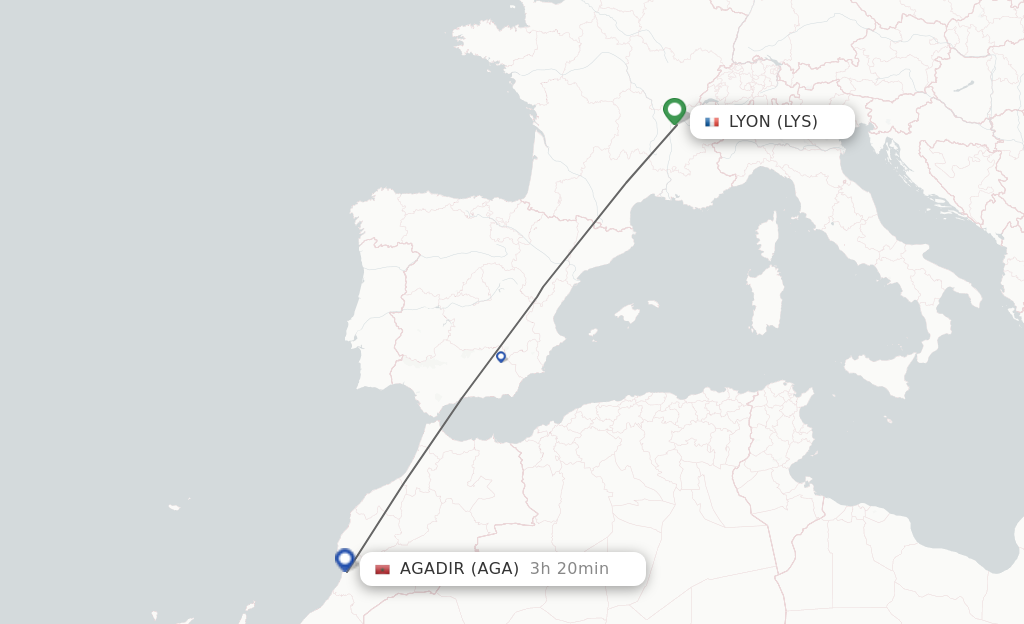 Flights from Lyon to Agadir route map