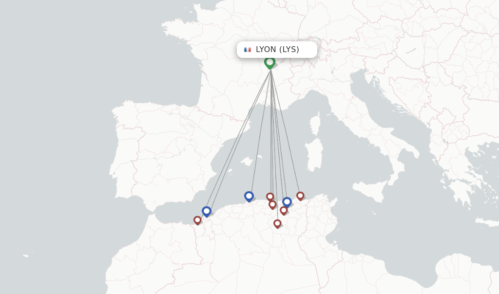 Route map with flights from Lyon with Air Algerie