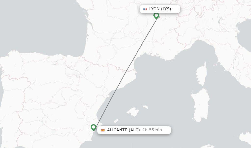Flights from Lyon to Alicante route map