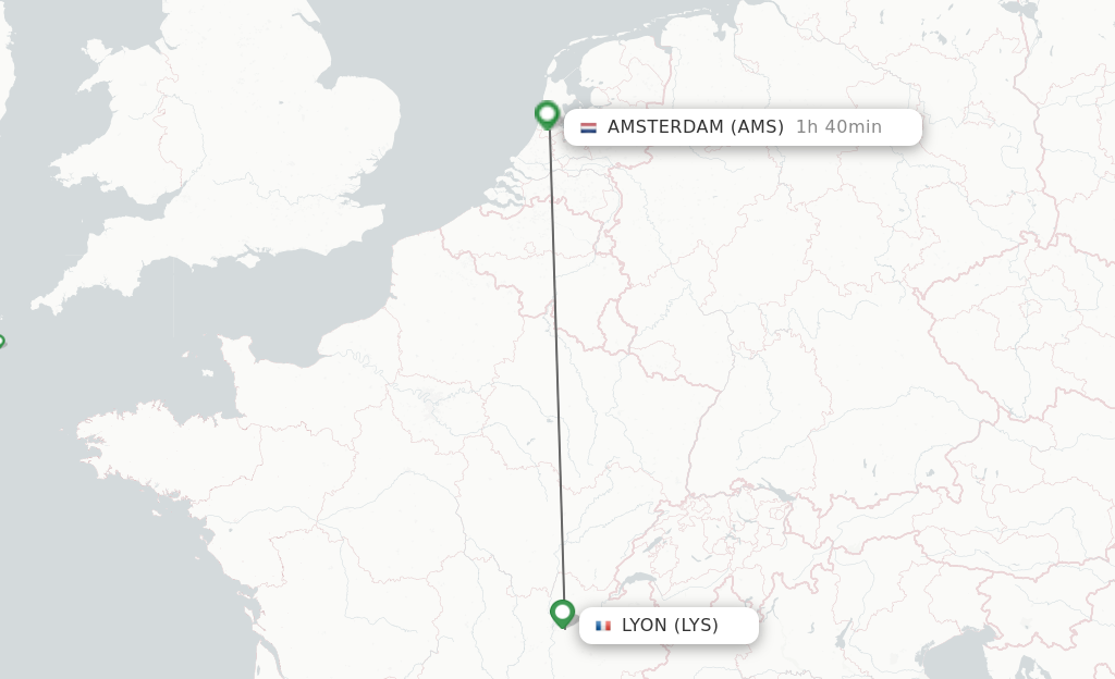 Flights from Lyon to Amsterdam route map
