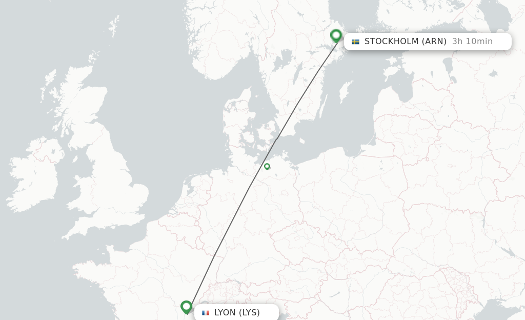 Flights from Lyon to Stockholm route map