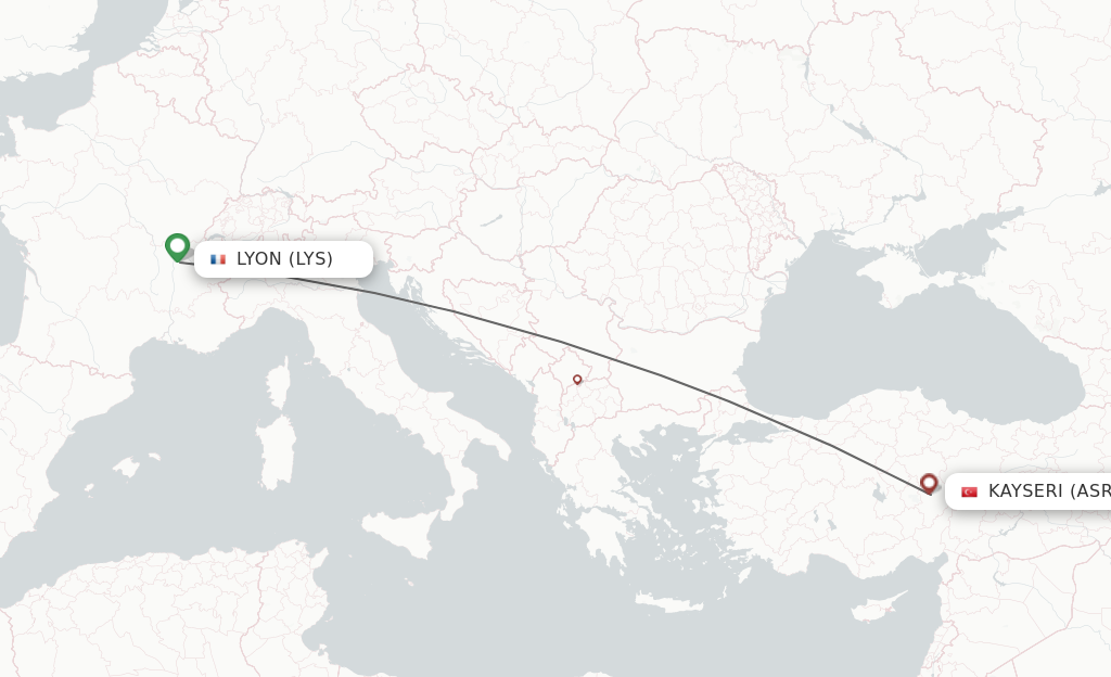 Flights from Lyon to Kayseri route map